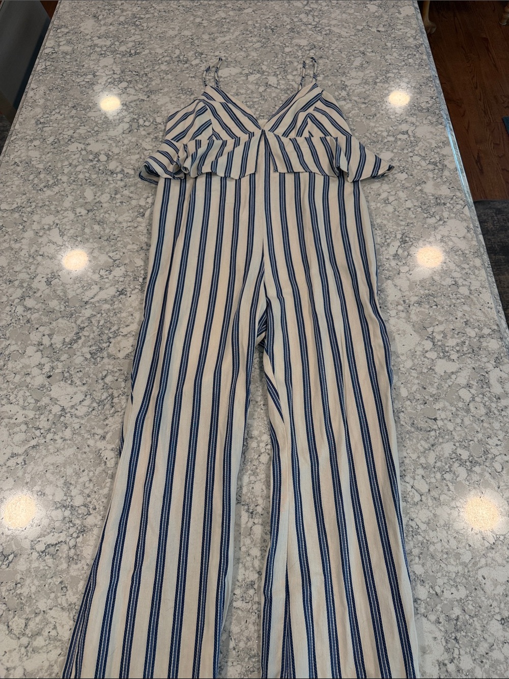 BCBG Striped Blue & White/cream one piece Jumpsuit romper ruffle size 12 NWT